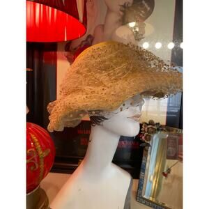 vintage 1950s wide brim straw hat flocked net 50s fashion summer millinery margu